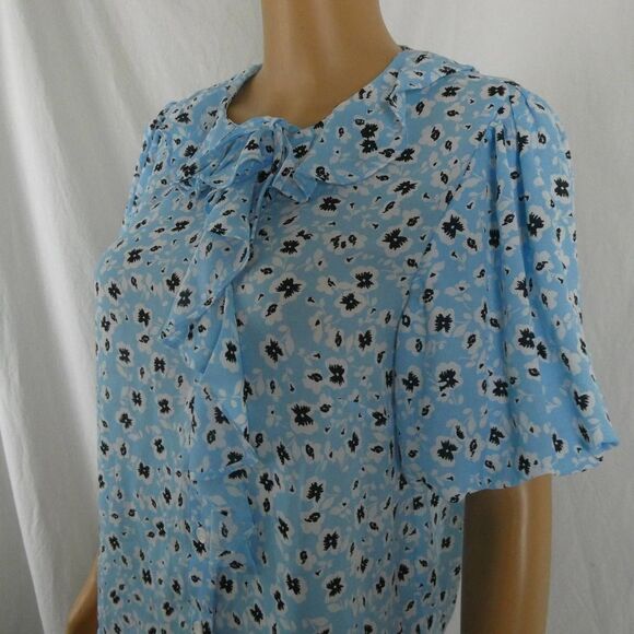 Topshop Floral Button Up Blouse Bubble Sleeve Ruffle Tie Neck Top Blue White - Picture 2 of 10
